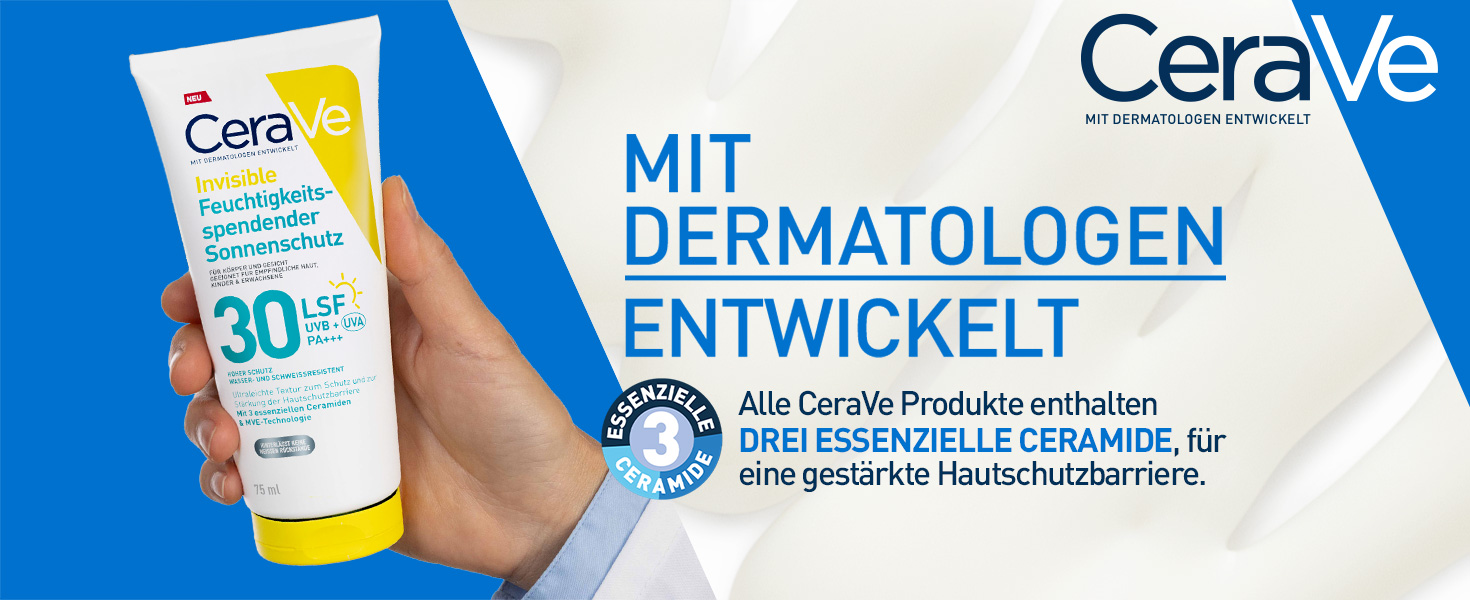 Hand hält Tube CeraVe Sonnenschutz LSF30. Text: Mit Dermatologen entwickelt. Enthält 3 essenzielle Ceramide.